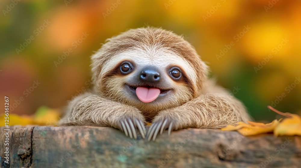 Poster happy sloth, a high-fidelity image of a smiling sloth in a realistic rendering style, showcasing its
