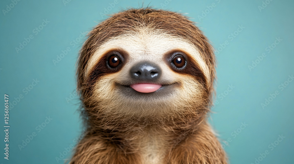Poster happy sloth, a high-fidelity image of a smiling sloth in a realistic rendering style.