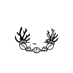 Fototapeta premium Delicate black line art depiction of a sea-themed headdress, coral antlers and shells.