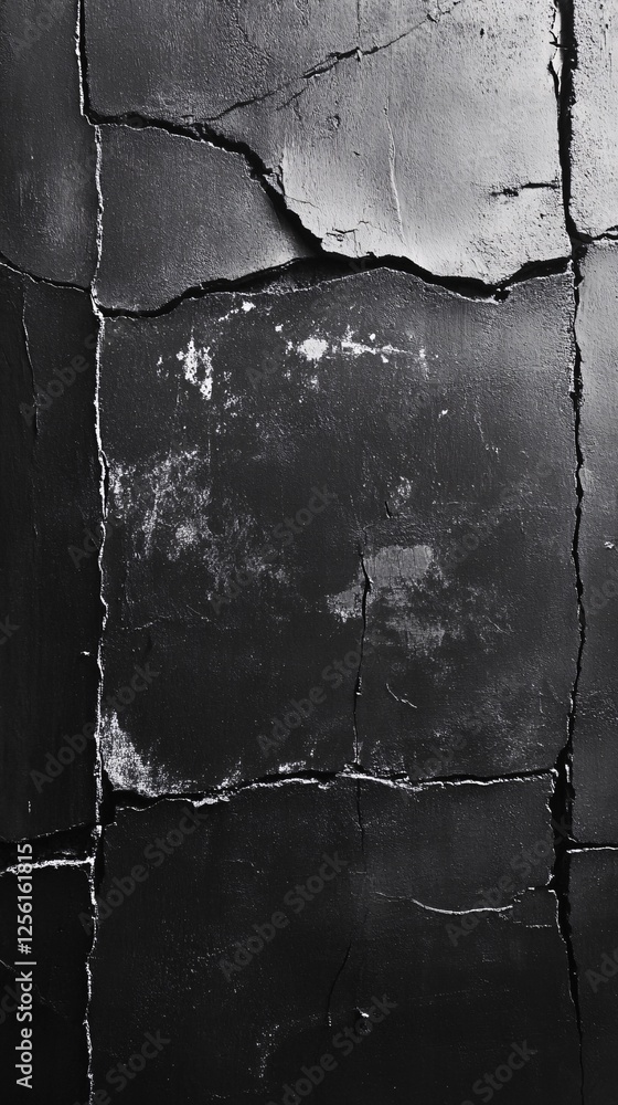 Poster a textured black surface showing cracks and peeling paint, creating an industrial and moody atmosphe