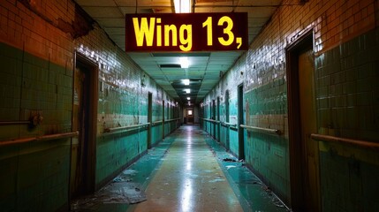 Abandoned Hospital Corridor with Wing 13 Sign and Dim Lighting