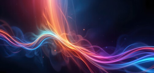 Abstract gradient light leak rainbow spectrum, vibrant colors, fluid motion, grainy noise texture on dark background, dreamy vintage nostalgic cinematic overlay music background design