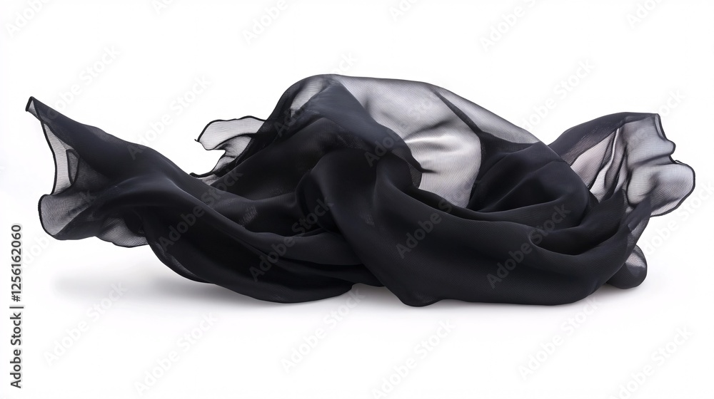 Poster elegant black chiffon fabric draped artistically, creating gentle waves and soft textures.