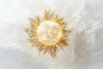 ethereal golden sun orb with detailed corona, radiating warm light through wispy atmospheric clouds, set against pure white infinity