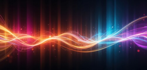 Abstract gradient light leak rainbow spectrum, vibrant colors, fluid motion, grainy noise texture on dark background, dreamy vintage nostalgic cinematic overlay music background design