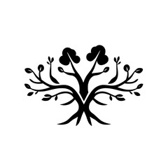 Obraz premium Stylized tree with leaves and roots. A black silhouette in a white background.