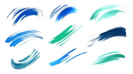 Obraz premium Collection of dynamic brush strokes in shades of blue and green on a white background, perfect for creative projects.