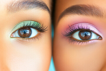 Diverse eye makeup styles featuring bold green and pink shades with long lashes