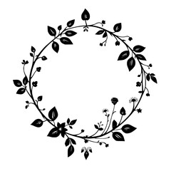 Wreath-like, Black and white, circular pattern of leaves and flowers.