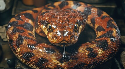 Fototapeta premium Close-up of a coiled snake with reddish-brown and black scales, its tongue flicking out.