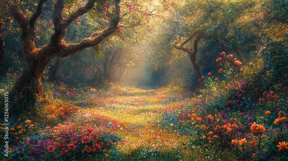 Poster enchanted forest pathway with colorful flowers and soft light