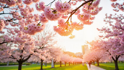 Fototapeta premium Cherry blossom trees in full bloom during spring equinox, vibrant sunset, nature's beauty 