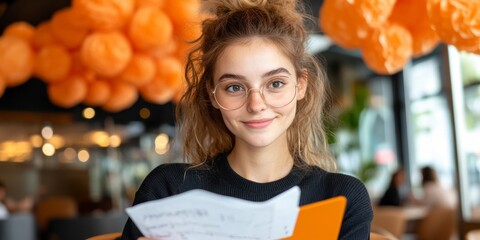 Woman Reading Menu In Cafe Interior With Orange Decor