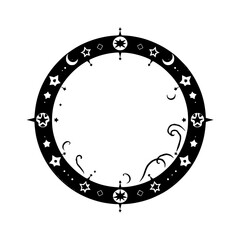 Naklejka premium Celestial circle of night, stars, moons, and abstract designs.