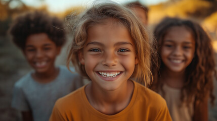 Joyful children sharing laughter and adventures in a sunlit outdoor setting