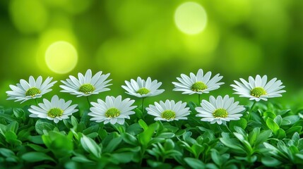 Eight white daisies in lush green foliage against a blurred green background.