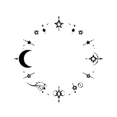 Obraz premium Celestial circle with a crescent moon, stars, and decorative swirls