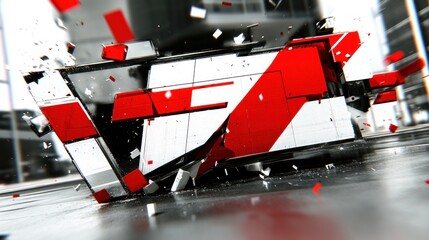 Naklejka premium Abstract red and white 3D geometric shapes shattering on a reflective surface.
