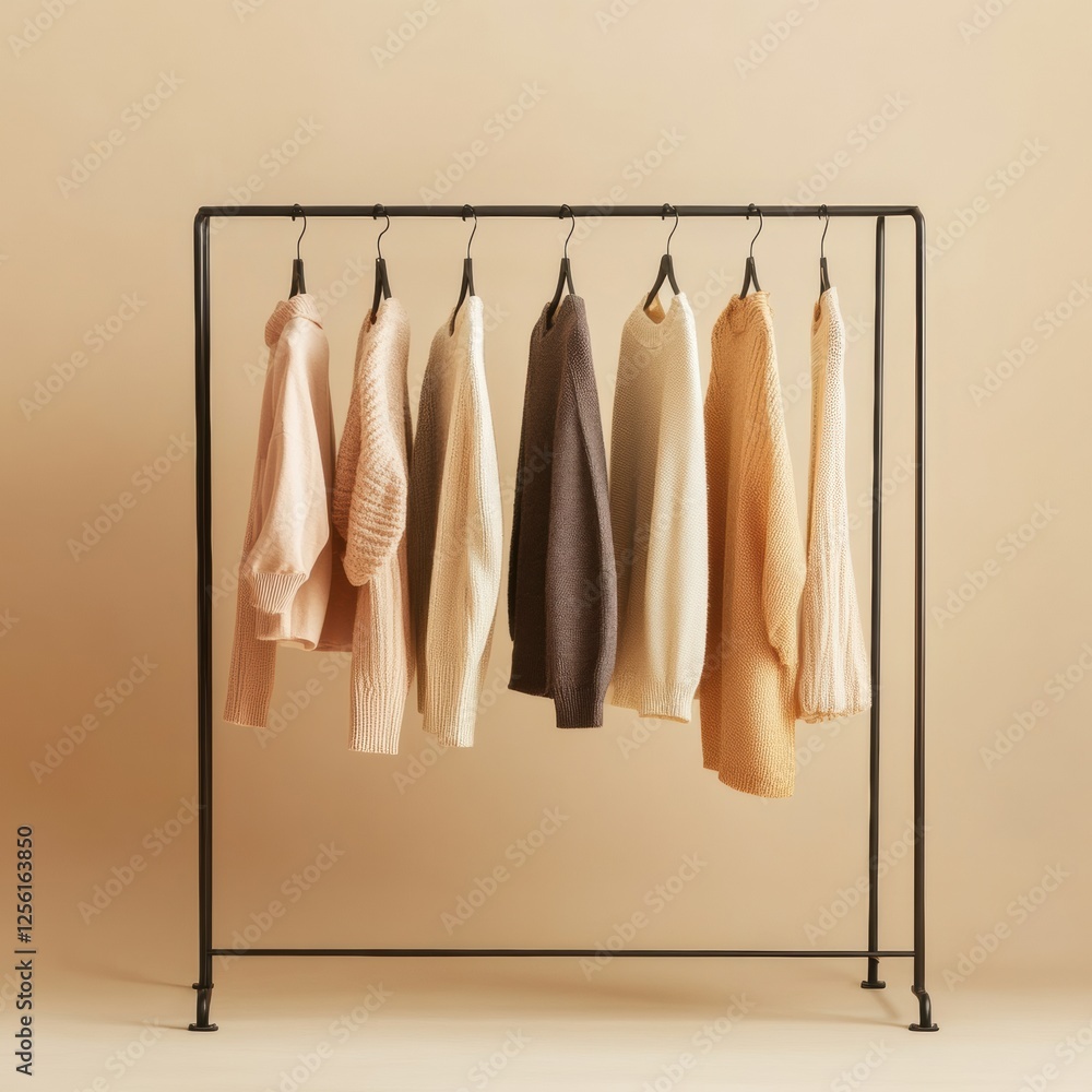 Poster Minimalist clothing rack displaying neatly arranged garments in soft hues against a neutral backdrop. Generative AI