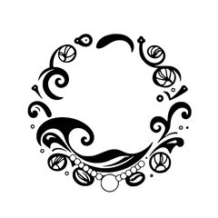 Black and white abstract circular ornament with floral elements