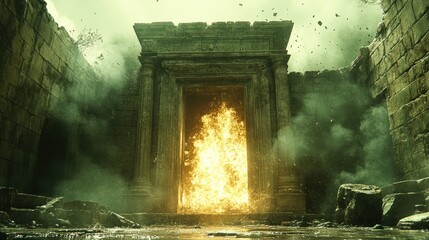 Ancient stone gateway engulfed in flames, amidst ruins and smoke.