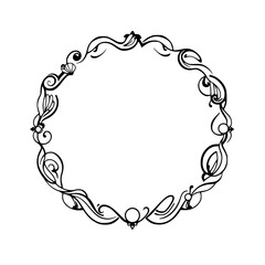 Intricate floral frame, black ink illustration on white background.