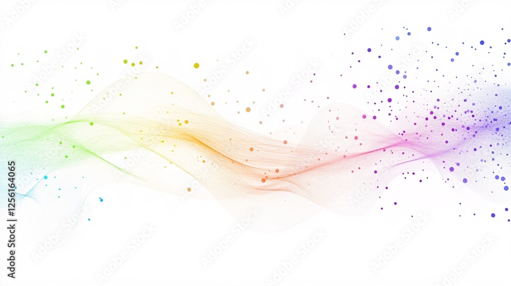 Aufkleber an abstract design featuring colorful waves and floating particles on a white background.