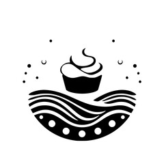 Cupcake-themed Icon: Simple Black and White Cupcake on Waves.