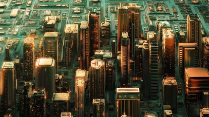 A cityscape with buildings shaped like computer components, representing the integration of technology into urban life.