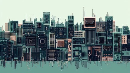 Fototapeta premium A cityscape with buildings shaped like computer components, representing the integration of technology into urban life.