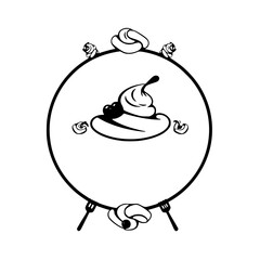 Black and white outline of a dessert plate with stylized toppings, encircled by a frame. Forks at the bottom of the frame.