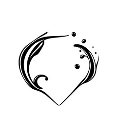 Black-and-white minimalist image of a stylized, abstract heart shape, with elegant lines and delicate, droplet-like elements in black.