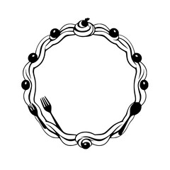 Elegant Black and White Dessert Frame: A round, whimsical design with cake swirls, berries, forks, and spoons.