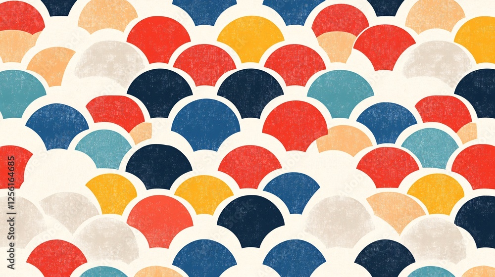 Poster stylized geometric pattern featuring overlapping arches in vibrant colors.