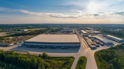 Aerial View of Modern Warehouse and Distribution Center at Sunset