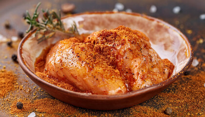 Chicken fillet marinated in a bowl with aromatic spices, raw meat. Tasty food for dinner. Close-up.