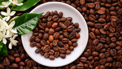 Fototapeta premium mix of coffee beans and coffee tree blossom for background
