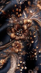 Naklejka premium Close-up of intricate floral embroidery on dark fabric, showcasing golden and bronze tones.