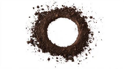 A circular mound of rich, dark soil isolated on a white background.
