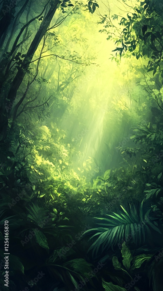 Poster a serene forest scene filled with lush greenery and soft sunlight filtering through the treetops.
