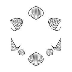 Abstract black and white pattern consisting of several oval and triangular shapes arranged in a circle.