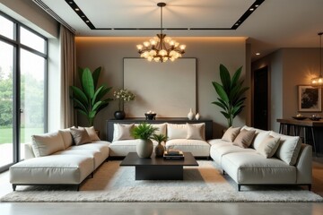 Serene Modern Living Room Interior Design Featuring a Luxurious Sectional Sofa and Elegant Lighting