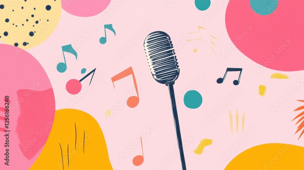 Poster minimalist k pop inspired background with vibrant music notes and a microphone for creative projects
