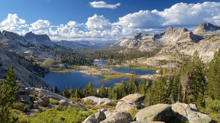 Serene Mountain Landscape with Lakes and Lush Green Forests