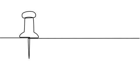 A pushpin drawn in one line. Minimalist linear pin icon attaching paper, Continuous one line drawing of a paper pin. Drawing pin. Vector illustration. Single line pushpin, Linear background of pin.