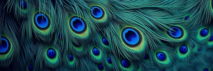 Obraz premium Vibrant peacock feathers in shades of teal, blue, and green. Detailed, iridescent texture. Exotic, elegant, and colorful. Ideal for backgrounds and design elements.