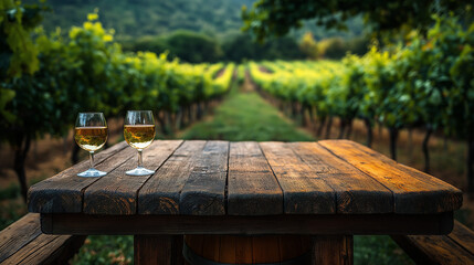 Naklejka premium Serenity in a vineyard at dusk with wine glasses on wooden table capturing the essence of nature’s bounty and tranquility