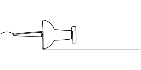 A pushpin drawn in one line. Minimalist linear pin icon attaching paper, Continuous one line drawing of a paper pin. Drawing pin. Vector illustration. Single line pushpin, Linear background of pin.