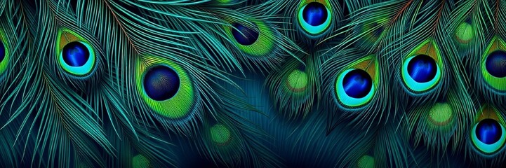 Naklejka premium Vibrant peacock feathers in shades of teal, blue, and green. Detailed, iridescent texture. Exotic, elegant, and colorful. Ideal for backgrounds and design elements.
