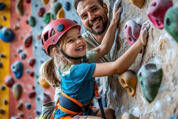 Father and daughter smiling and having fun climbing an indoor rock climbing wall